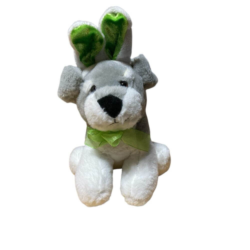 Dan Dee Husky Plush Green Bunny Ears Grey White 9" Stuffed Animal Dog Easter
